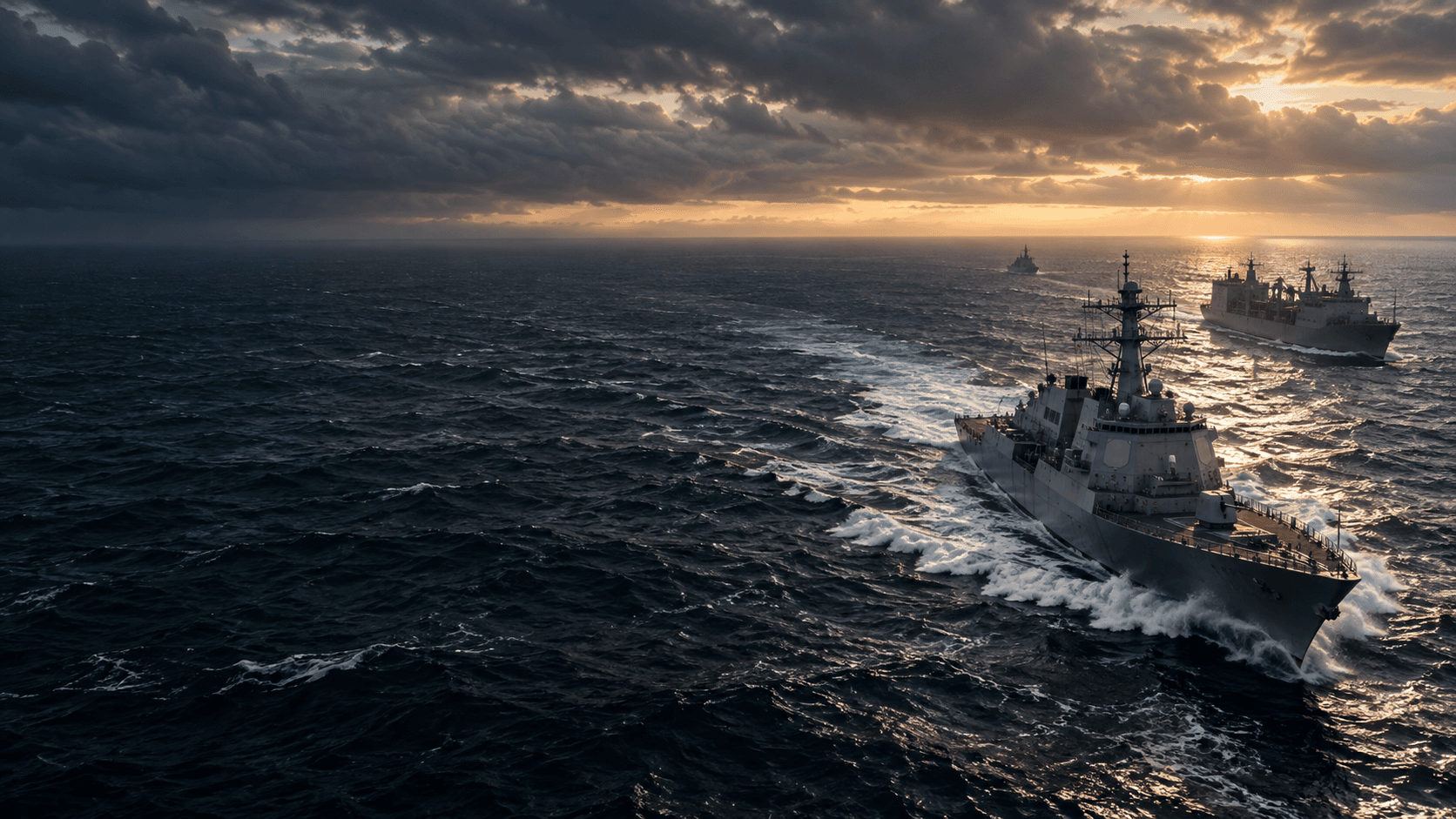 Illustrative naval vessels at sea, connecting operational reach with maritime sustainment