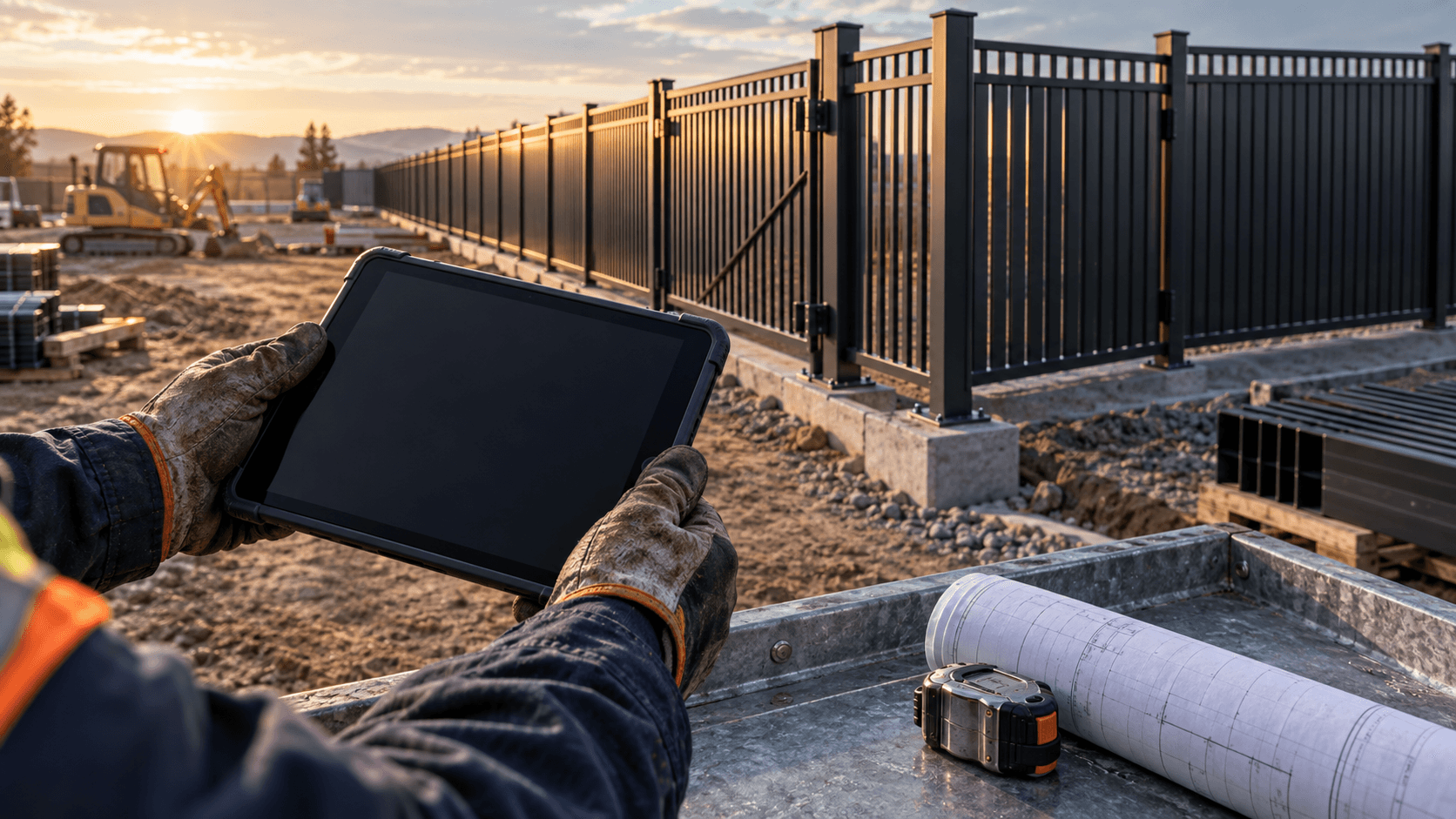 Illustrative contractor reviewing a tablet beside a steel fence installation